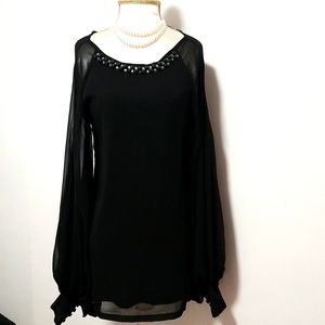 Black Shift Dress with Beads & Embellishments Sheer Long Sleeves